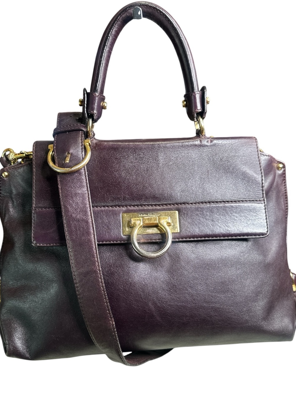 Salvatore Ferragamo Plum Leather Satchel with Gold Hardware